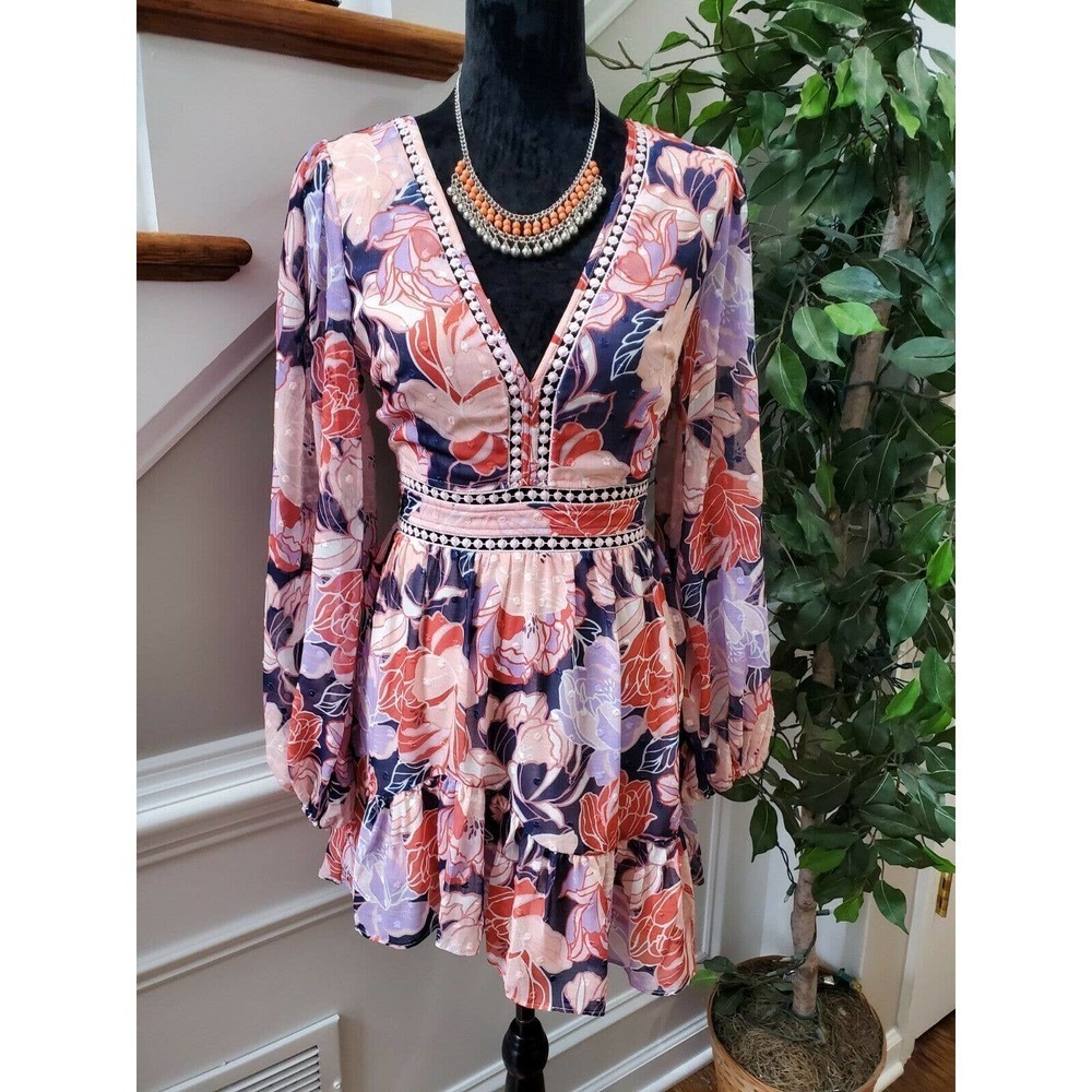 Sage +‎ Paige Women Multicolor Polyester Long Sleeve V-Neck Knee Length Dress S